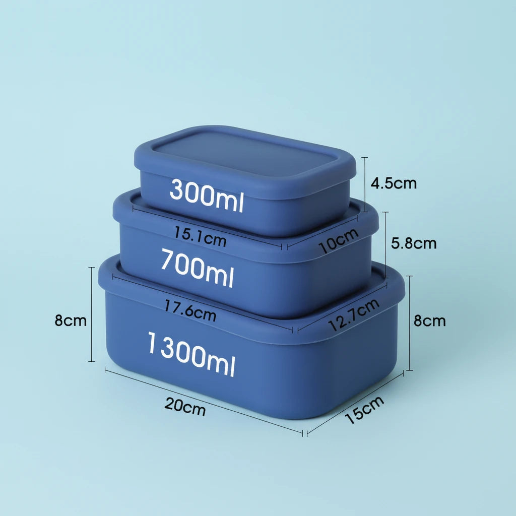 Set of three blue containers with measurements on a light blue background